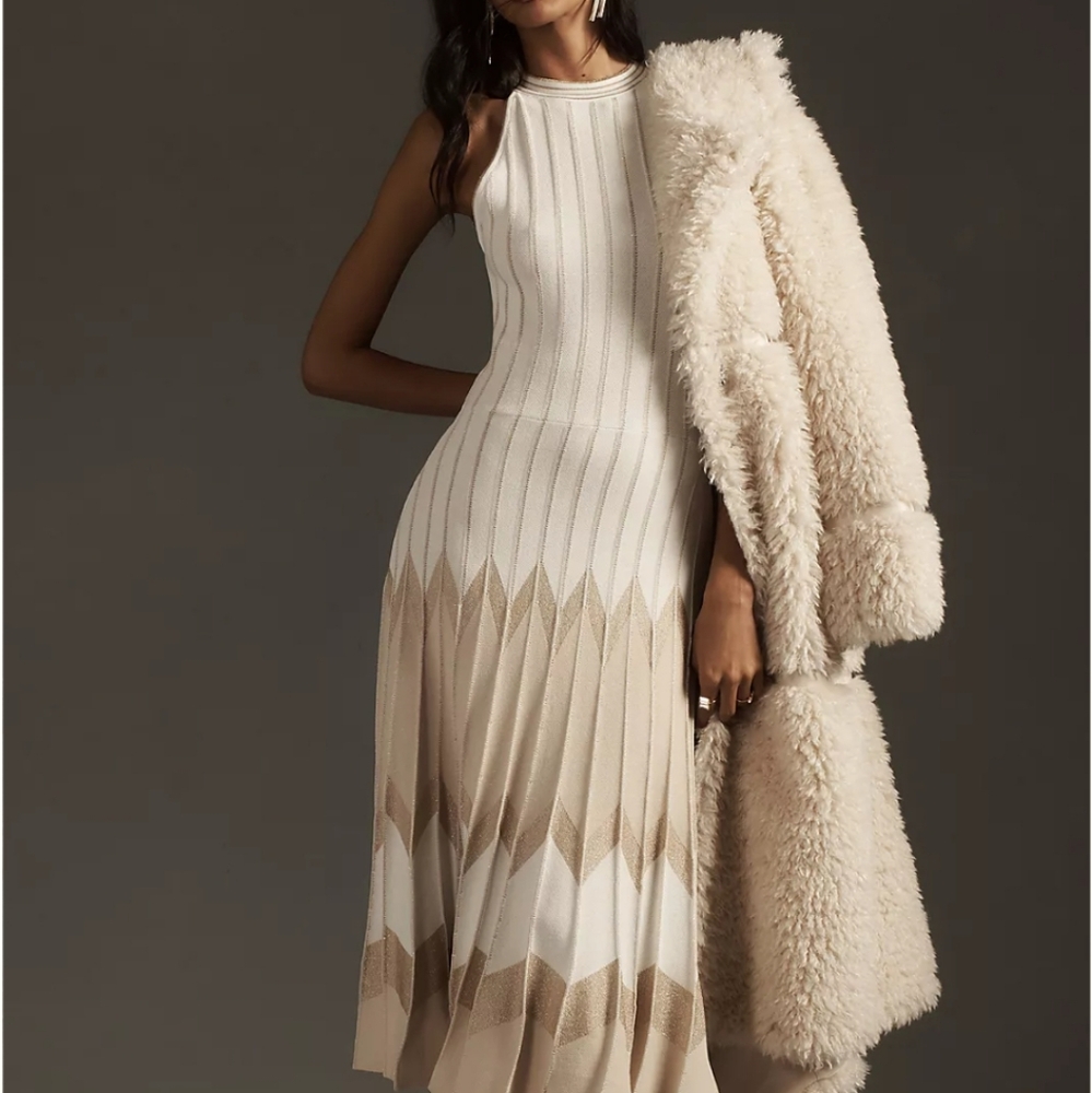 Anthropologie Cream Pleated Halter Midi Dress